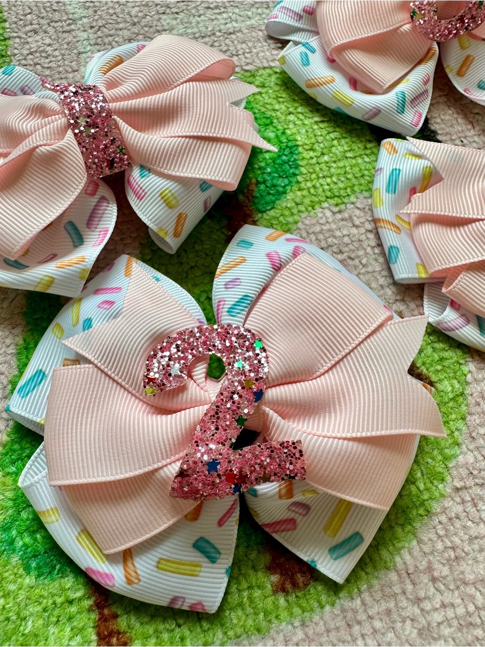 Happy Birthday Pink Sprinkles Layered Bow set with Glitter Numbers 1, 2, 3, 4
